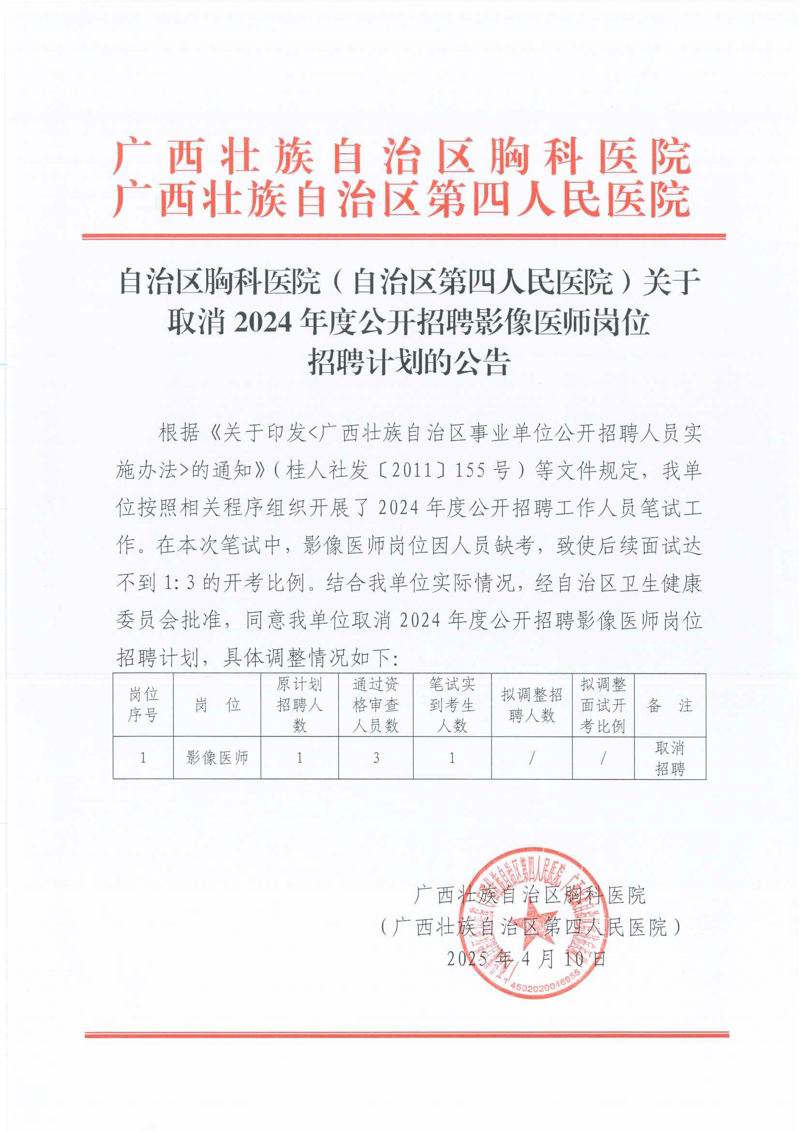 自治区胸科医院（自治区第四人民医院）关于取消2024年度公开招聘影像医师岗位招聘计划的公告